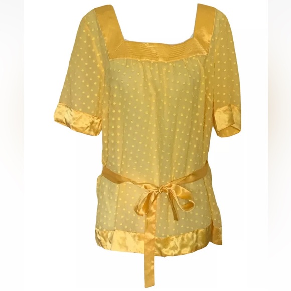 Guess Shirt Women Top Yellow Silk Blouse Large Polka Dot Sash Silky Soft Layers - Picture 2 of 8
